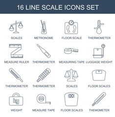 scale icons. Trendy 16 scale icons. Contain icons such as scales, metronome, floor scale, thermometer, measure ruler, measuring tape, luggage weight. scale icon for web and mobile.