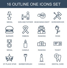 16 one icons. Trendy one icons white background. Included outline icons such as medal, son and father, head bang emot, screwdriver, burger, ribbon. one icon for web and mobile.