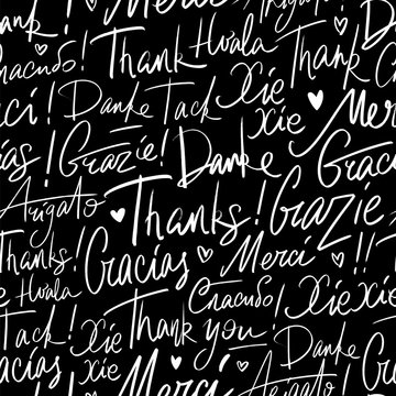 Thank you in different languages of the world. Seamless vector handwritten pattern of Thanks