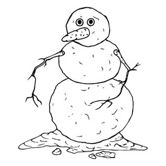 Snowman icon. Vector illustration snowman with a carrot instead of a nose. Snowman with hands out of branches.