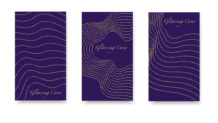 Luxury Christmas golden garlands. Set of violet gold covers, templates, printing elements, cards. Round glowing confetti, festive tinsel, magic design for polygraphy. Glowing Vector Texture.