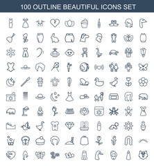 100 beautiful icons. Trendy beautiful icons white background. Included outline icons such as bear, dress, spa mask, goose, skirt, baby, flower. beautiful icon for web and mobile.