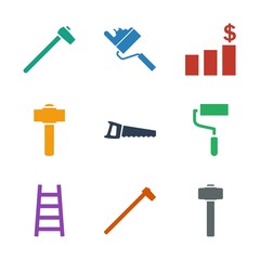9 improvement icons. Trendy improvement icons white background. Included filled icons such as garden hammer, ladder, roller, saw, money chart. improvement icon for web and mobile.