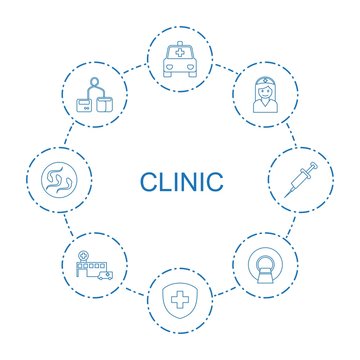 8 clinic icons. Trendy clinic icons white background. Included line icons such as ambulance, medical, nurse, blod pressure tool, MRI, hospital. clinic icon for web and mobile.