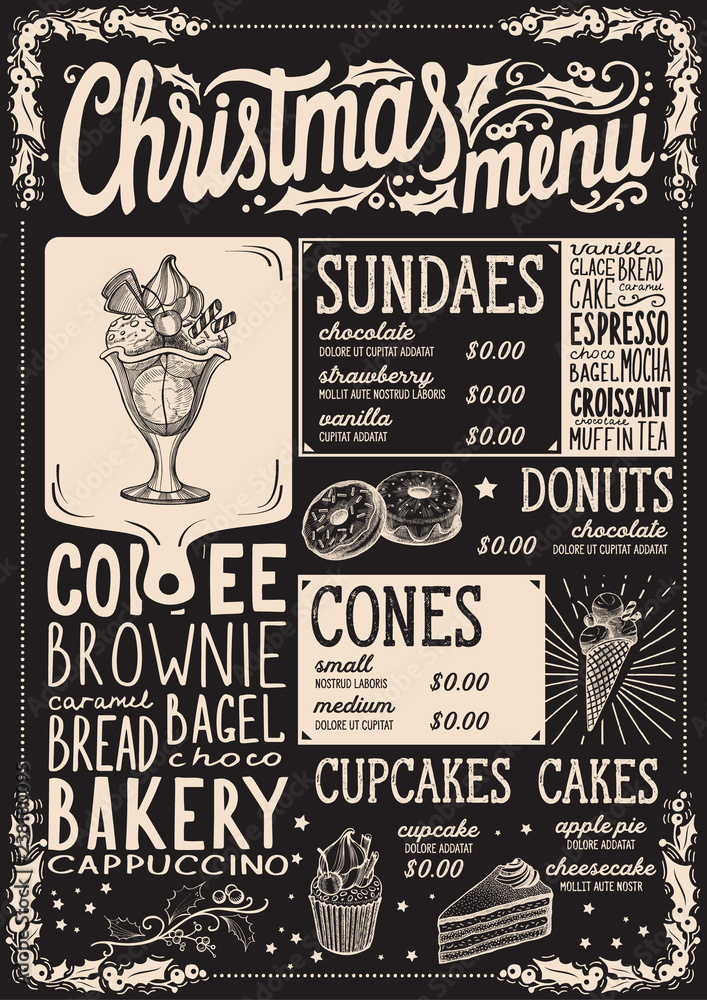 Wall mural christmas menu template for dessert restaurant.