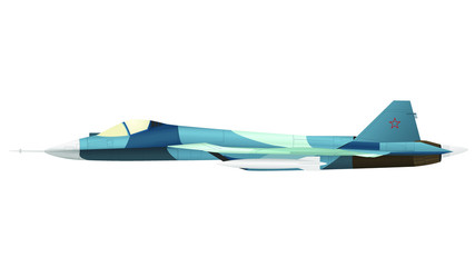 The new Russian stealthy five generation's Fighter Jet Sukhoi SU 57 (T-50). Isolated full detailed vector's object. Side view. - obrazy, fototapety, plakaty