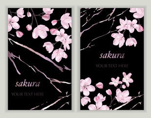Vector banners set with Cherry Blossom. Blossoming sakura branch. Template for greeting cards, wedding decorations, invitation, sales, packaging. Spring or summer design. Place for text.