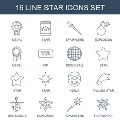 star icons. Trendy 16 star icons. Contain icons such as medal, sparklers, explosion, vip, disco ball, ninja, falling star, bed mobile, fireworks. star icon for web and mobile.