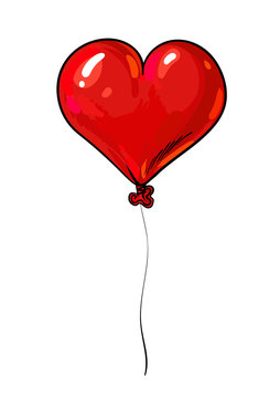 Red balloon in shape of heart. Valentines Day symbol. Hand drawn vector illustration isolated on white background.