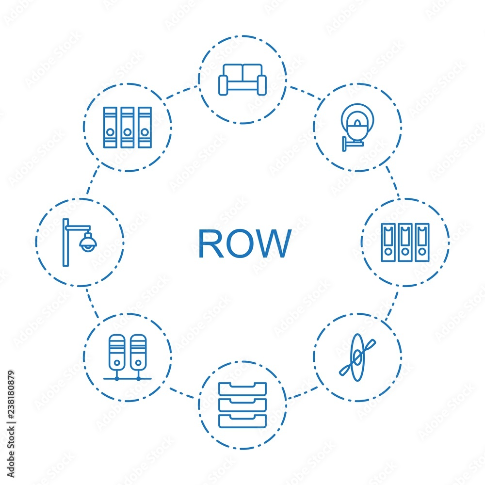 Poster row icons. trendy 8 row icons. contain icons such as sofa, table box, street lamp, binder, rowing. r
