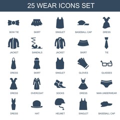 25 wear icons. Trendy wear icons white background. Included filled icons such as bow tie, skirt, singlet, baseball cap, dress, jacket, sandals, tie. wear icon for web and mobile.