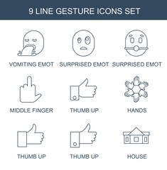 gesture icons. Trendy 9 gesture icons. Contain icons such as vomiting emot, surprised emot, middle finger, thumb up, hands, house. gesture icon for web and mobile.