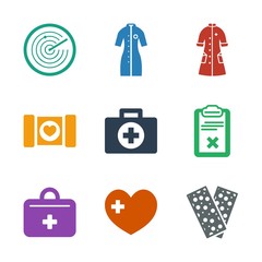 cross icons. Trendy 9 cross icons. Contain icons such as bandage, heart with cross, first aid kit, clipboard, first aid, case with heart, nurse gown. cross icon for web and mobile.