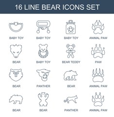 16 bear icons. Trendy bear icons white background. Included line icons such as baby toy, animal paw, bear teddy, paw, panther. bear icon for web and mobile.