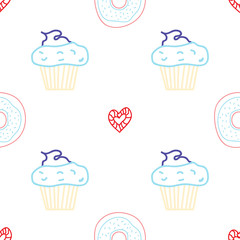 Muffin sealmess pattern. Draw by hand. Cupcake texture. Food vector illustration