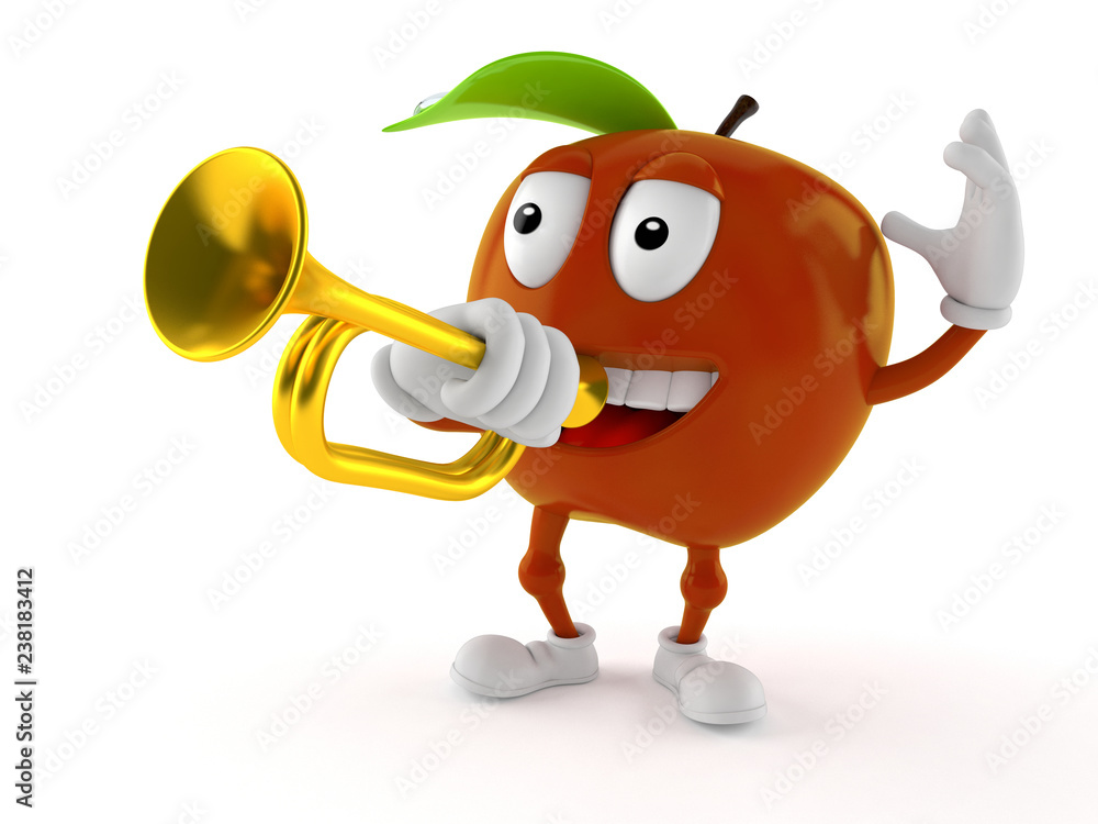 Poster apple character playing the trumpet