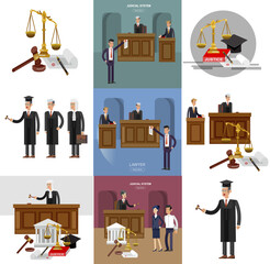 Law horizontal banner set with judical system elements isolated vector illustration