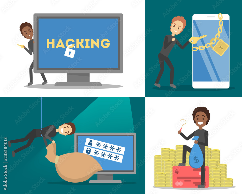 Poster hacker and cyber crime concept set. virus attack