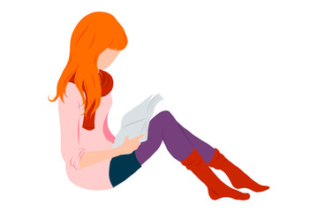 Red hair girl, lady reading a book flat style illustration for education, books shop, magazine promo, fashion poster, banner, library logo, icon, bibliophile post card. Isolated without background