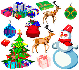 Set for happy Christmas and new year, cartoon icons and illustrations