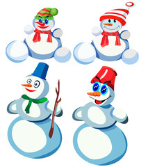 Set of four snowmen in various headdresses and in different scarves