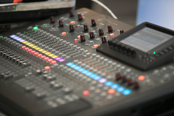 Sound mixer controller. In studio closeup view.