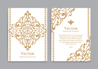 Fototapeta na wymiar Gold and white vintage greeting card. Luxury vector ornament template. Great for invitation, flyer, menu, brochure, postcard, background, wallpaper, decoration, packaging or any desired idea.