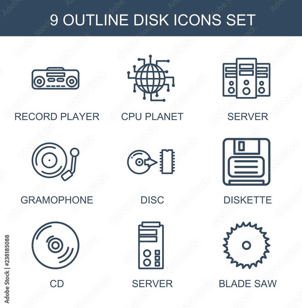 Poster disk icons. trendy 9 disk icons. contain icons such as record player, cpu planet, server, gramophone