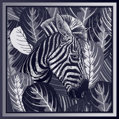 Head of African zebra close-up and striped tropical leaves. Black and white background.