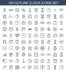 100 clock icons. Trendy clock icons white background. Included outline icons such as stopwatch, pendulum, hourglass, hour, time, sundial, digital time. clock icon for web and mobile.