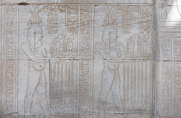 Hieroglyphic carvings on an ancient egyptian temple wall
