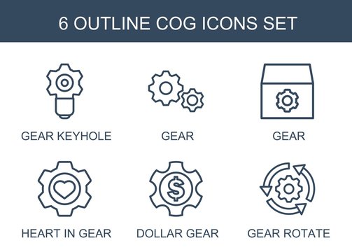6 cog icons. Trendy cog icons white background. Included outline icons such as gear keyhole, gear, heart in gear, dollar gear, gear rotate. cog icon for web and mobile.