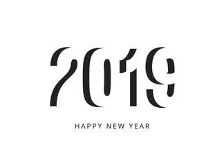 Happy new 2019 year sign. Black negative space vector logo on white background.
