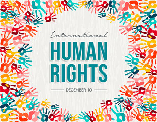 Human Rights card of colorful people hand prints