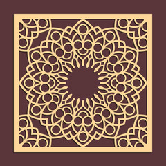 Laser cutting panel. Golden floral pattern. Gift or favor box silhouette ornament. Vector coaster design for metal, wood, paper work.