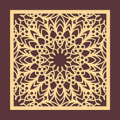 Laser cutting panel. Golden floral pattern. Gift or favor box silhouette ornament. Vector coaster design for metal, wood, paper work.