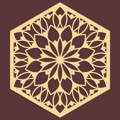Laser cutting panel. Golden floral pattern. Gift or favor box silhouette ornament. Vector hexagonal coaster design for metal, wood, paper work.
