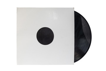 12-inch 33 1/3 rpm LP vinyl record in a old white paper case. Isolated on white background.