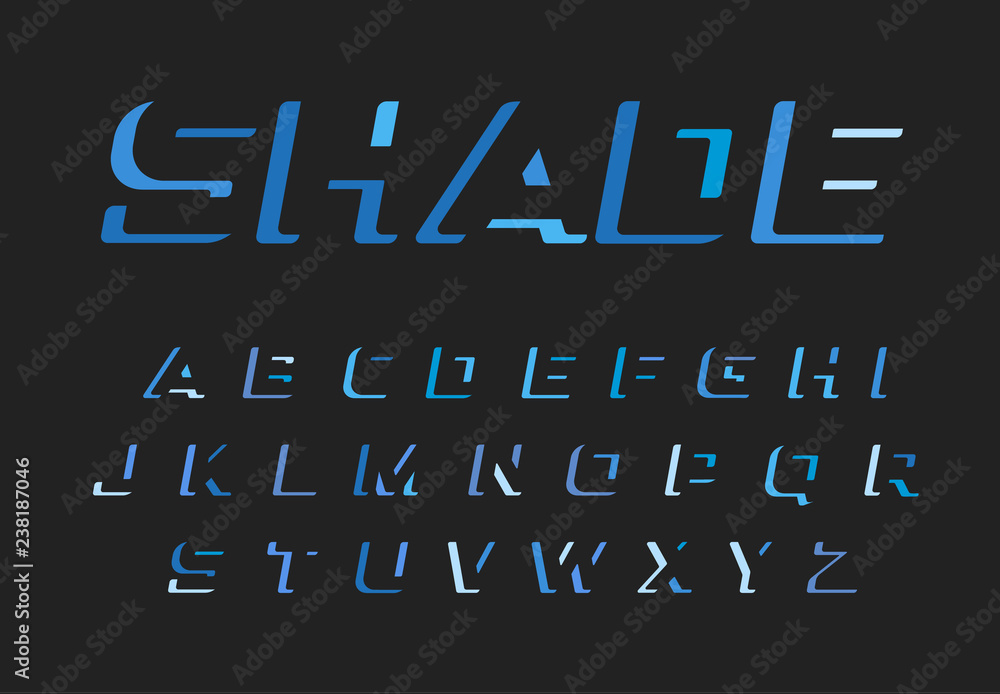 Poster Blue letters set. Vector latin alphabet. Darkness color font. Cutout negative space monogram and logo template. Typography shade design.