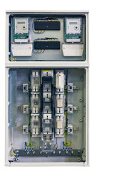 modern electrical control cabinet with open front door, close-up.