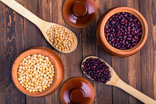 The concept of natural healthy food. Grains beans closeup. Superfood.
