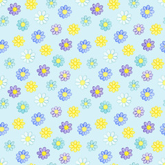 Seamless pattern with watercolor hand drawn yellow, violet and  blue flowers on light blue background. Background can be easily change for another color