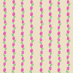 Seamless pattern with watercolor hand drawn pink tulips on beige background. Background can be easily change for another color