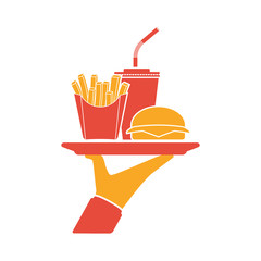 Waiter delivers the food silhouette. Service in cafe fast food, man with a tray. Fast food pictogram: hamburger, fries, soda. Vector illustration flat design.Takeaway food.