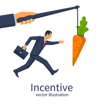 Incentive concept. Business metaphor. Personnel management leadership. Motivate people. Big hand holds carrots on stick, businessman running for bait. Vector illustration flat design. Attract earn.