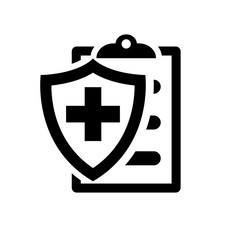 Medical insurance black silhouette icon. Patient protection. Medical report sign. Clipboard and shield with a cross as a symbol insurance. Vector illustration flat design. Isolated on white background