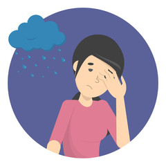 Sad depressed woman with a rainy cloud