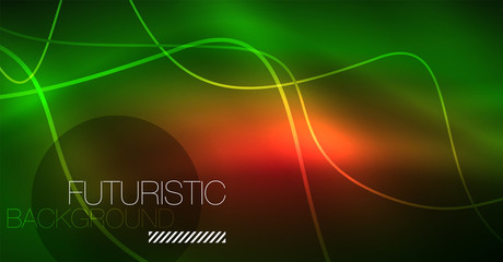 Abstract shiny glowinng color wave design element on dark background - science or technology concept