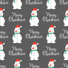 Snowman, text - happy christmas. Gray background. Flat. Wallpaper, texture, seamless.