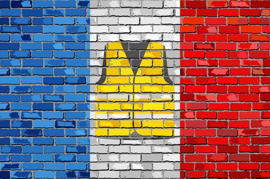 Flag Of France With Yellow Vest On A Brick Wall - Illustration,
Symbol Of The Protest Movement Against The French Government